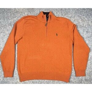 VTG Polo Ralph Lauren Knit Sweater Mens Large Orange 1/4 Zip Pullover Green Pony